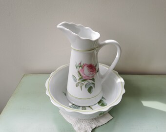 Vintage Monique Robert rose porcelain pitcher and basin