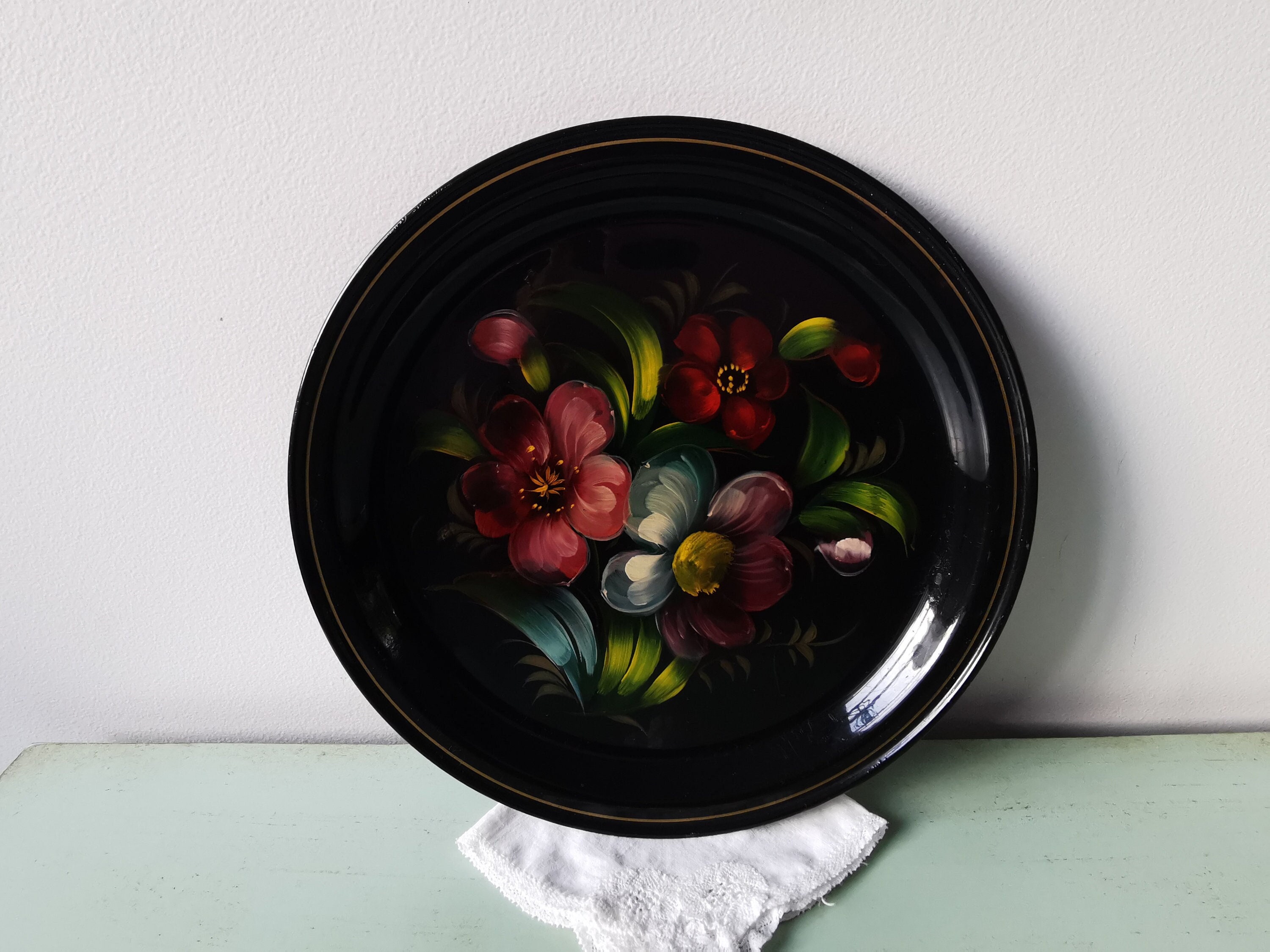 Petit Plateau Jostovo Métal Noir Fleurs Russe Vintage