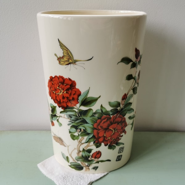 Vase en céramique chinois pivoines rouges et papillons vintage