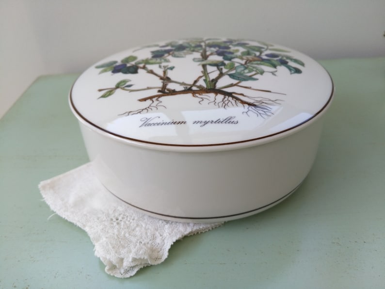 May include: White ceramic round box with a lid featuring a botanical illustration of a blueberry plant with the text "Vaccinium myrtillus".