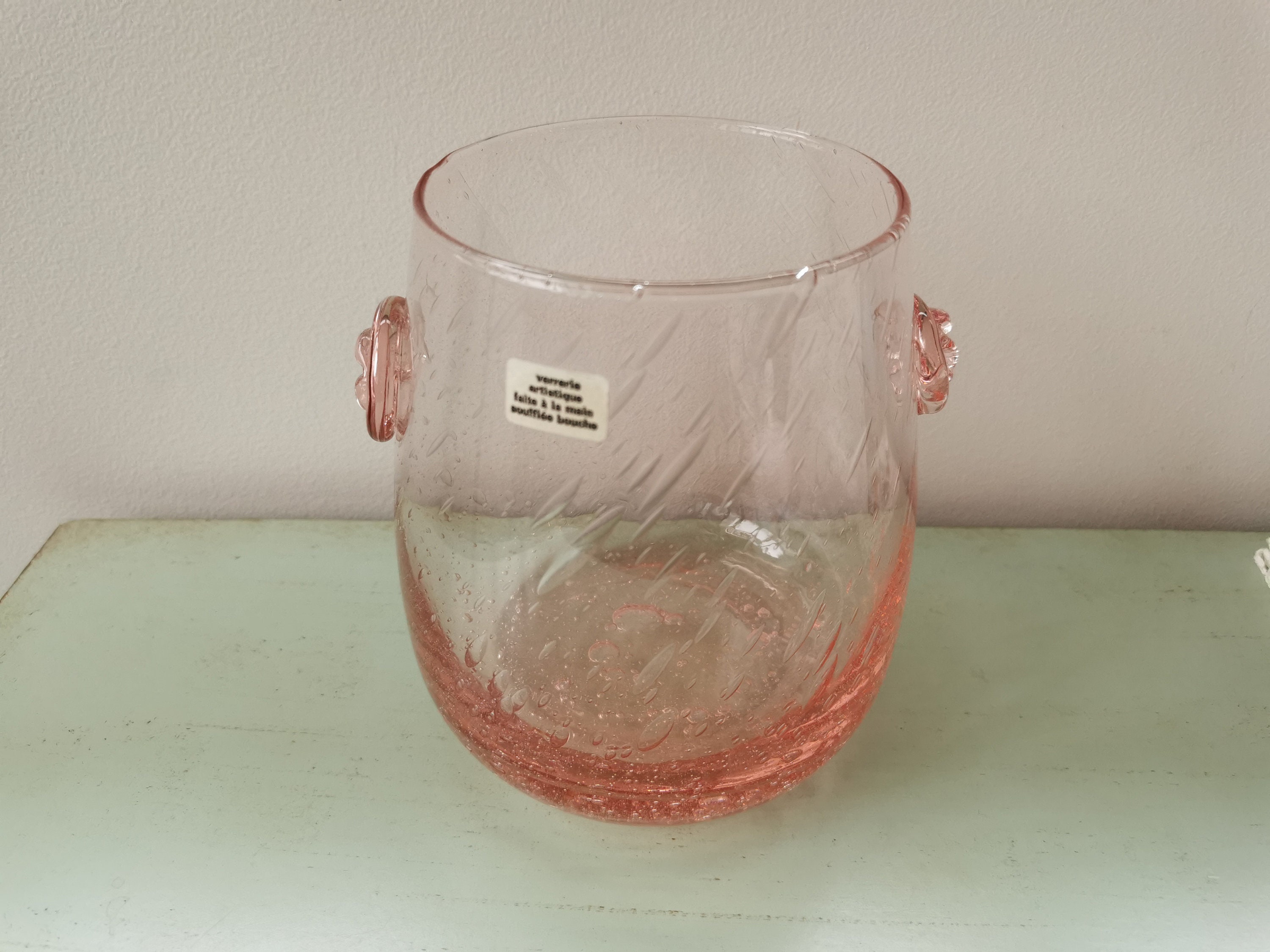 Seau à Glace Verre Rose Soufflé Bouche Décor Main