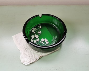 Green glass ashtray with vintage enamel flowers