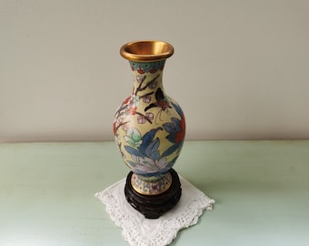 Petit vase en cuivre émaillé cloisonné oiseau made in China vintage