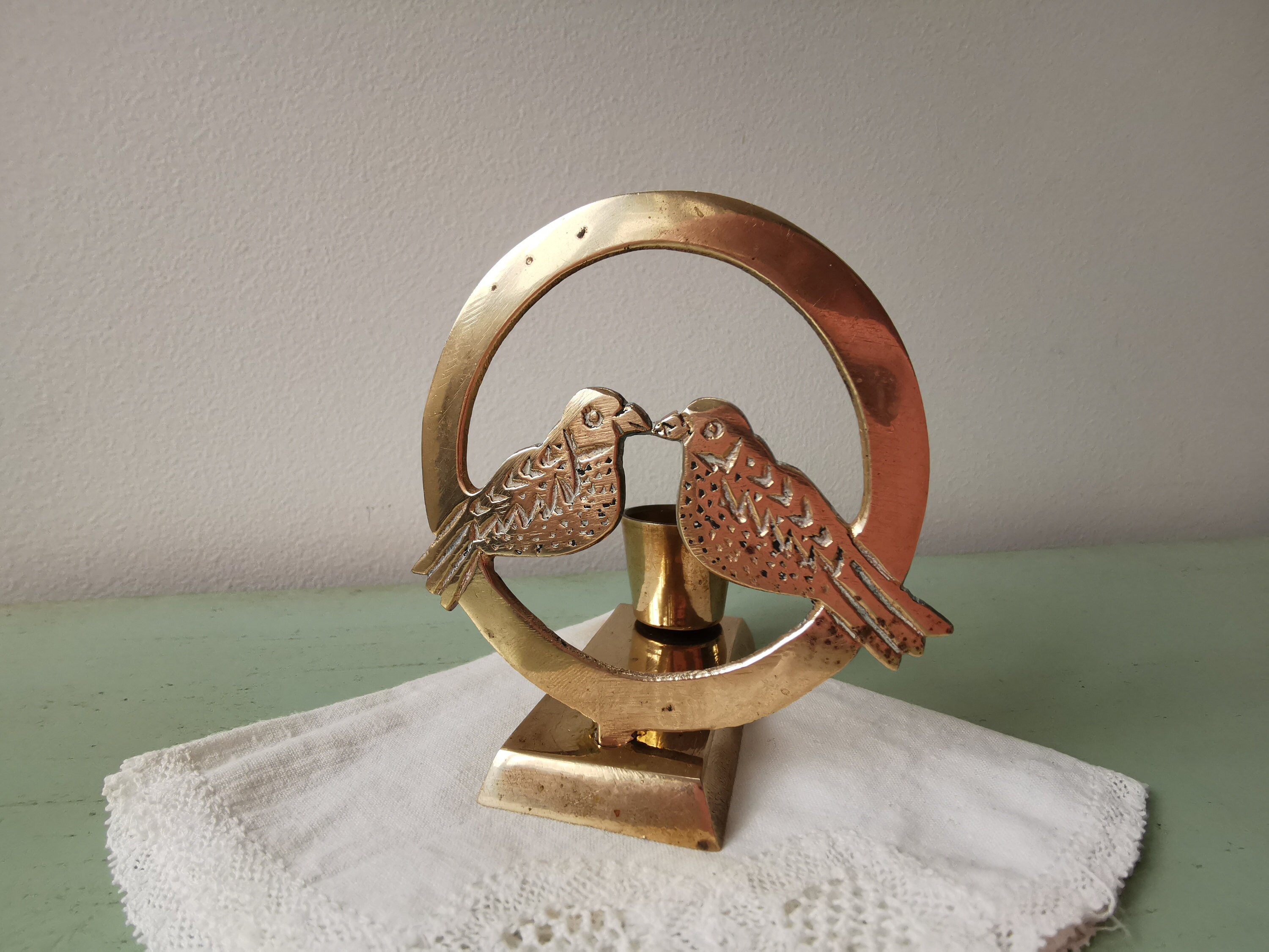 Bougeoir Oiseaux Inséparables en Laiton Vintage