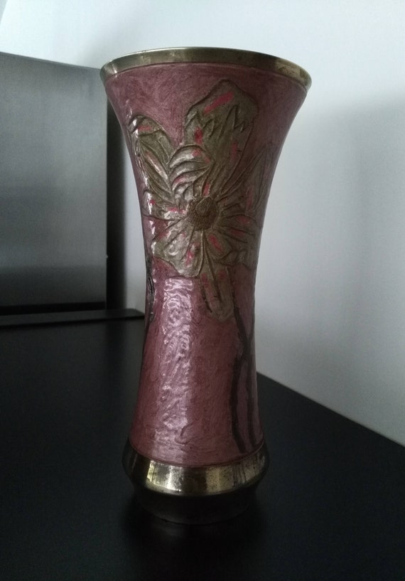Vintage Pink Old Indian Enameled Brass Vase Etsy