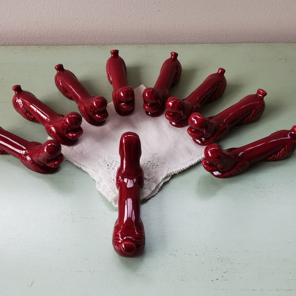 9 knife holders dogs poodles in burgundy ceramic