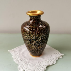 Small brown cloisonné enameled brass vase made in China vintage