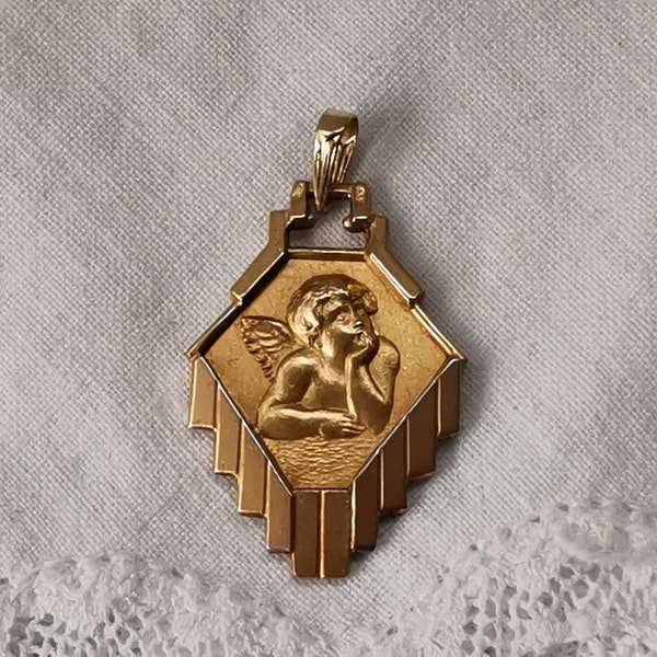 Médaille ange or 18K et argent Art Déco