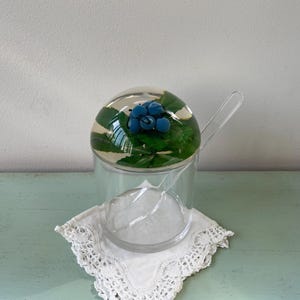 Può includere: Un barattolo di vetro trasparente con un coperchio a cupola che presenta un motivo floreale blu e verde. Il barattolo contiene un piccolo cucchiaio ed è appoggiato su un pizzo bianco.