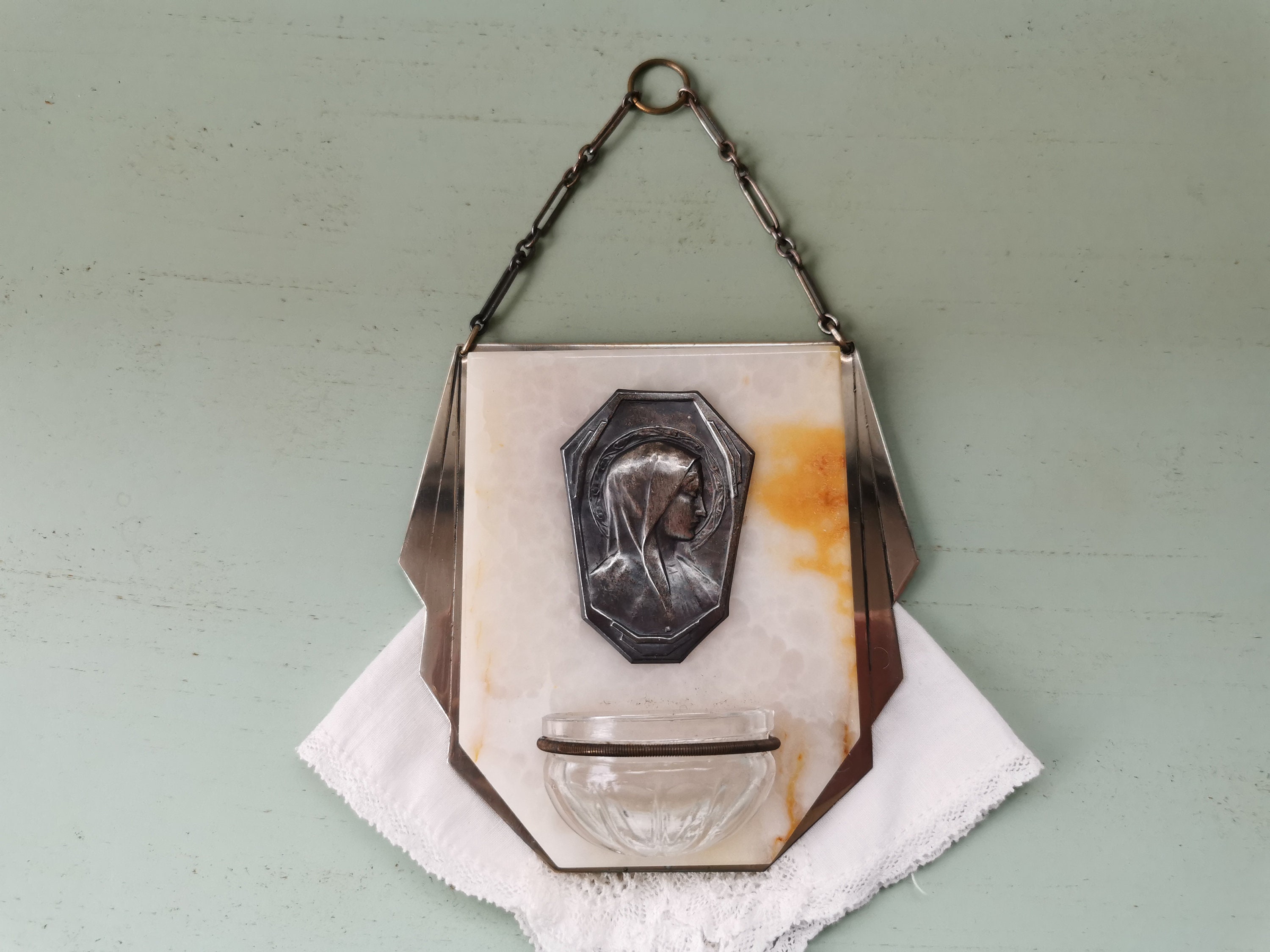 Bénitier en Marbre Blanc Sainte Vierge Art Déco