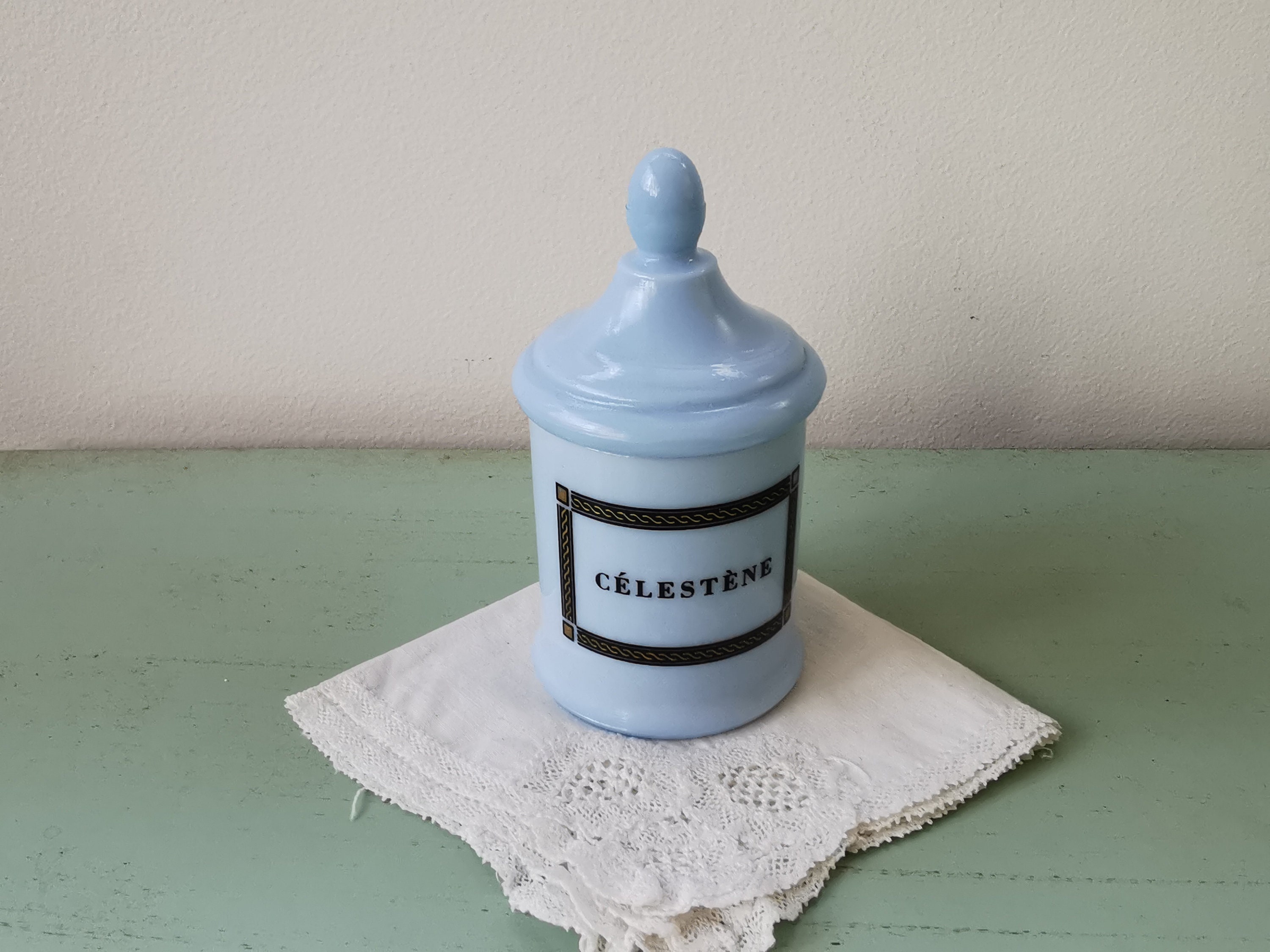 Petit Pot d'apothicaire Opaline Bleue Célestène Vintage