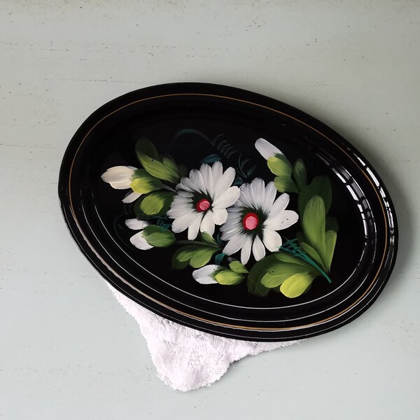 Plateau Jostovo Russe Peint à La Main – Métal Laqué – 33x25 Cm – Signé – Art Populaire