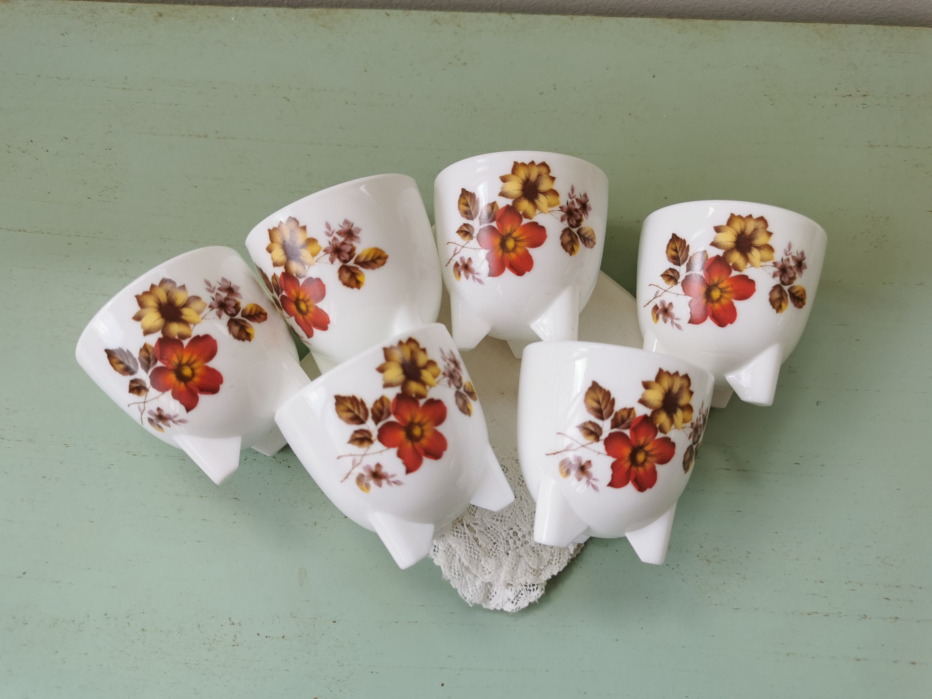 Lot De 6 Tasses à Café Vintage Arcopal – Décor Fleurs Orange – Rétro Et Fonctionnel