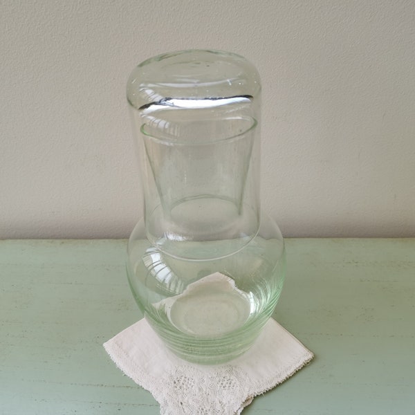 Carafe and bedside glass blown green glass