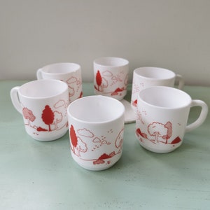 6 vintage Arcopal red landscape coffee cups