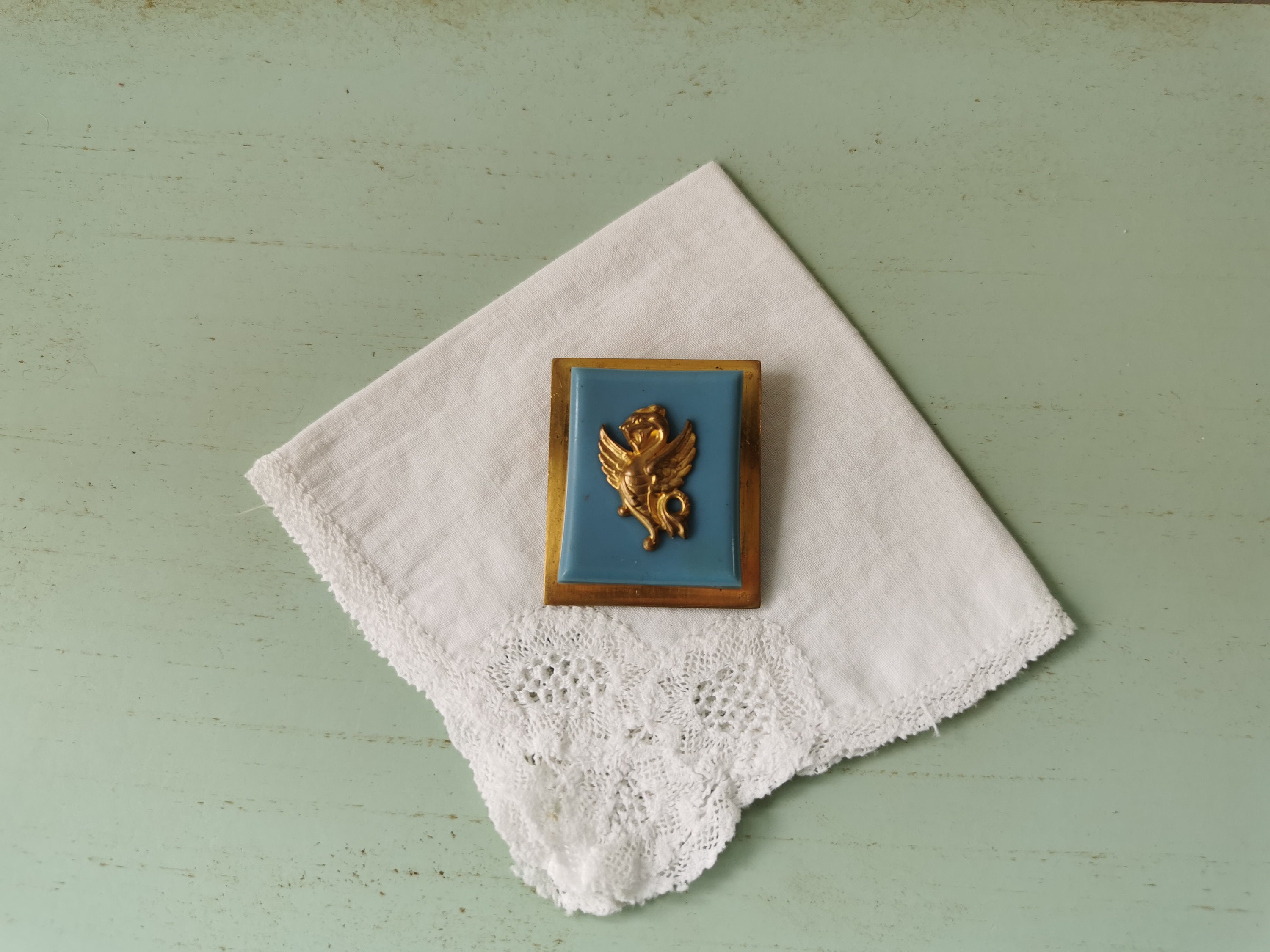 Broche Art Déco ancienne en plastique galalithe vert marbré, bakélite, France - France