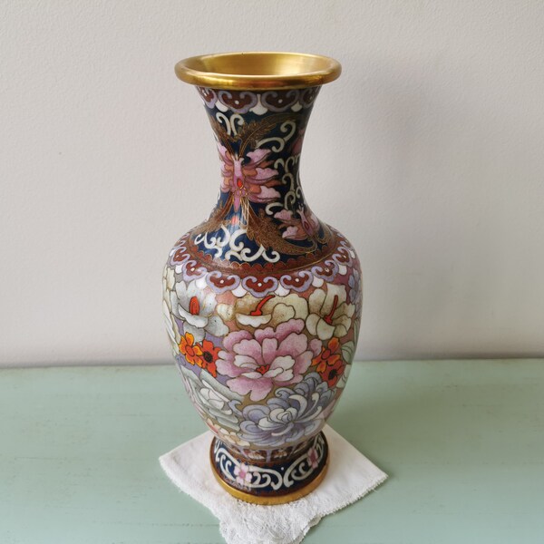 Vase en cuivre émaillé cloisonné fleurs made in China vintage