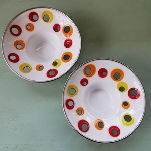 2 Ikea vintage yellow, red and orange enamelled metal candlesticks
