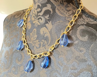 Golden necklace with blue drops statement costume jewellery - vintage and original never worn