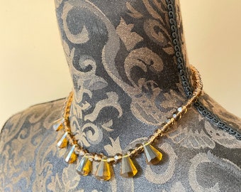 Art Deco beaded necklace sparkly elegant from 1950's Vintage original costume jewellery in light brown plastic beads