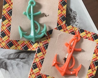 1950's original anchor brooch - original and in its packaging still - turquoise blue and orange - costume jewellery