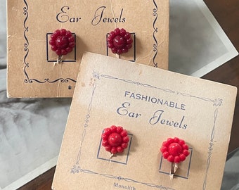 Flower earrings 1950's vintage original in its packaging and beautiful condition - never worn red and burgundy - costume jewellery