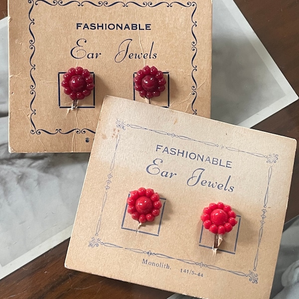 Flower earrings 1950's vintage original in its packaging and beautiful condition - never worn red and burgundy - costume jewellery