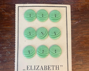 Vintage 1930s original Buttons 16mm in light green plastic in its original shop display card - 9 buttons in each card