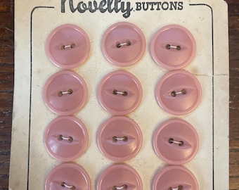 Vintage 1930-40s original Buttons 19mm in dusty pink plastic in its original shop display card - 12 buttons in each card
