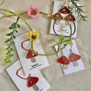 Toadstool Earrings, Toadstool Necklace, Mushroom Earrings, Mushroom Necklace, Leather Toadstool Earrings, Leather Toadstool Necklace