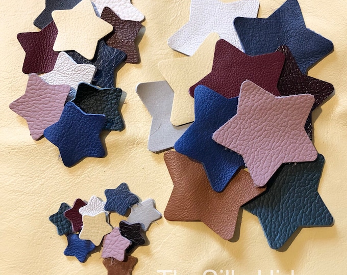 Leather Stars, Leather Embellishments, Mixed Colours - 30 pack - 10 of each size S,M,L or 30 of one size