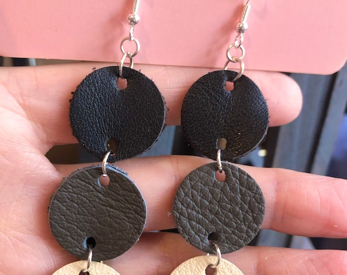 Circle Earrings, Round Earrings, Circle Drop Earrings, Leather Earrings, Leather Circle Silver Plated Drop Earrings.