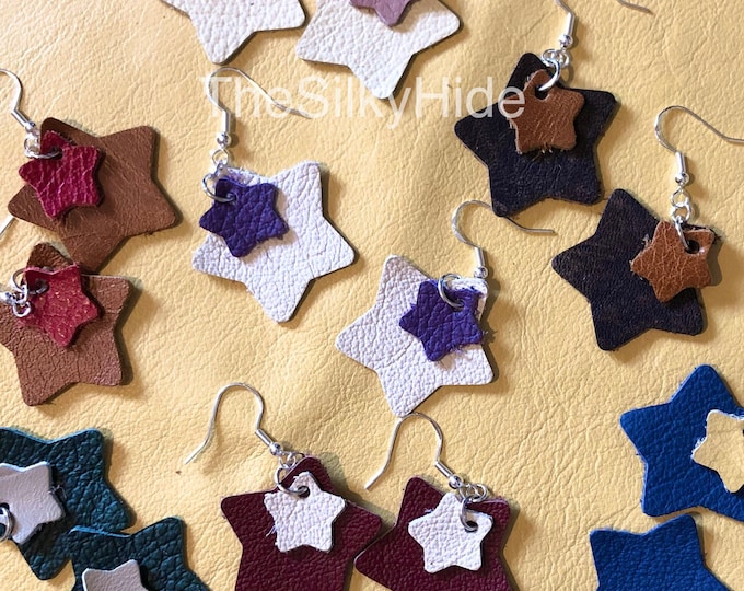 Star Earrings, Leather Star and Silver Plated Drop Earrings, Leather Earrings.