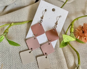 Square Leather Drop Earrings, Silver Plated Hooks