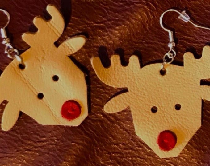 Upcycled Leather Rudolph Earrings, Christmas Reindeer Jewelry, Hypoallergenic Silver Hoops