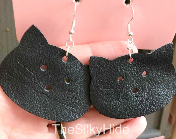 Earrings, Cat Earrings, Leather Earrings, Leather Cat Earrings, Cat Shape Earrings, Leather Dangle Earrings, Leather Drop Earrings