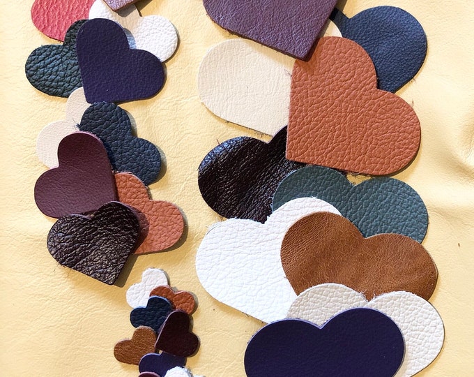 Leather Hearts, Leather Embellishments, 30 Mixed Colour - 10 of each size S,M,L or 30 of one size