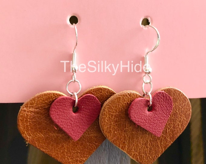 Heart Earrings, Leather Earrings, Leather Heart Earrings, Leather Drop Earrings, Leather and Silver Plate Earrings, Heart Dangle Earrings