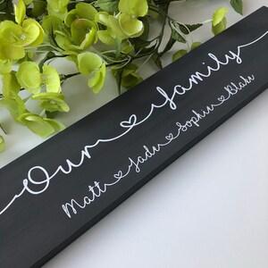 May include: A black wooden sign with the words "Our family" in white script. Below the word "family" are the names Matt, Jadu, Sophie, and Blake, also in white script. The sign is decorated with a white heart design.