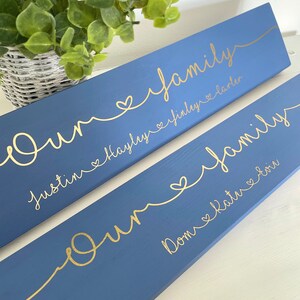 May include: Two blue wooden signs with gold lettering. The signs read "Our Family" with names below. The names are connected by a gold line with hearts. A green plant in a white basket is in the background.