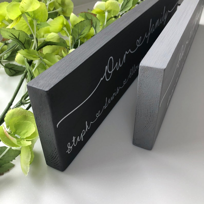 May include: Two rectangular wooden signs, one dark gray and one light gray, with white cursive text. The larger sign reads "Our family" with names below. The smaller sign has similar text. Green foliage is in the background.