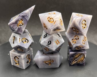 Grey & Gold Resin Dice Set: Sharp Edge TTRPG Dice