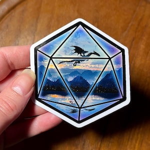 D20 Terrarium Mountain Lake Dragon - Adesivo de vinil original - Arte inspirada em TTRPG e D&D