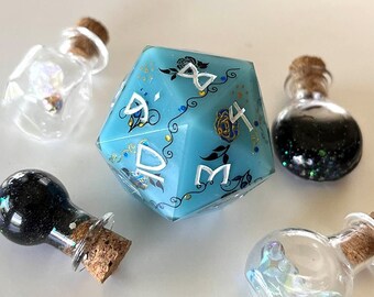 Blue Porcelain- Handmade Jumbo 30mm Resin D20 Spindown - Delicate Rose Chonk Die