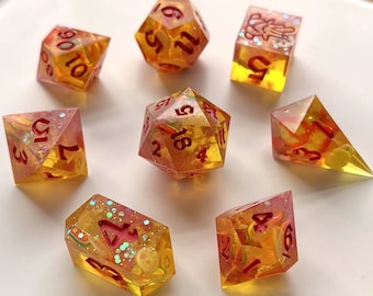 Fruit Punch Glitter Dice Set: Handmade Resin Sharp Edge Dice for TTRPG