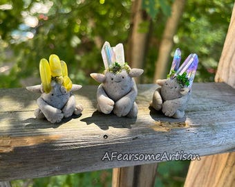 Handmade Garden Guardian Golems / Unique OOAK friends for your plants / Lemon Stone, Rainbow Aura Quartz, Violet Aura Quartz