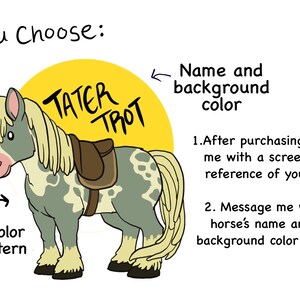 May include: A cartoon illustration of a horse with a saddle, labeled "Tater Trot". The horse is grey with white spots and has a yellow mane and tail. The text "You Choose:" is above the horse, with arrows pointing to the horse and the yellow background. The text "Horse color and pattern" is below the horse, and the text "Name and background color" is to the right of the yellow background.