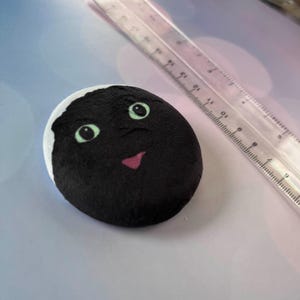 May include: A hand-painted, black and white rock with a cartoon skunk face. The skunk has green eyes and a pink mouth. A clear plastic ruler is in the background.