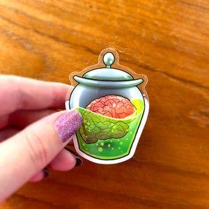 May include: A clear glass jar with a silver lid contains a preserved brain in green liquid. The brain is pink and has a detailed texture.