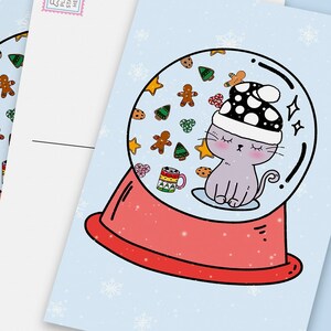 2 of Christmas cat snowball postcards